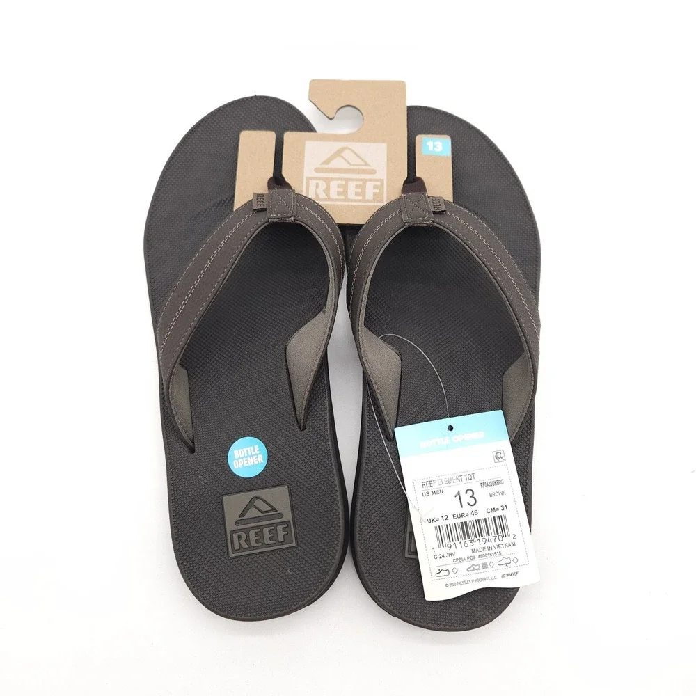 Reef‎ (Mens Size 13) Element TQT Thong Flip Flops Sandal Brown Bottle Opener New